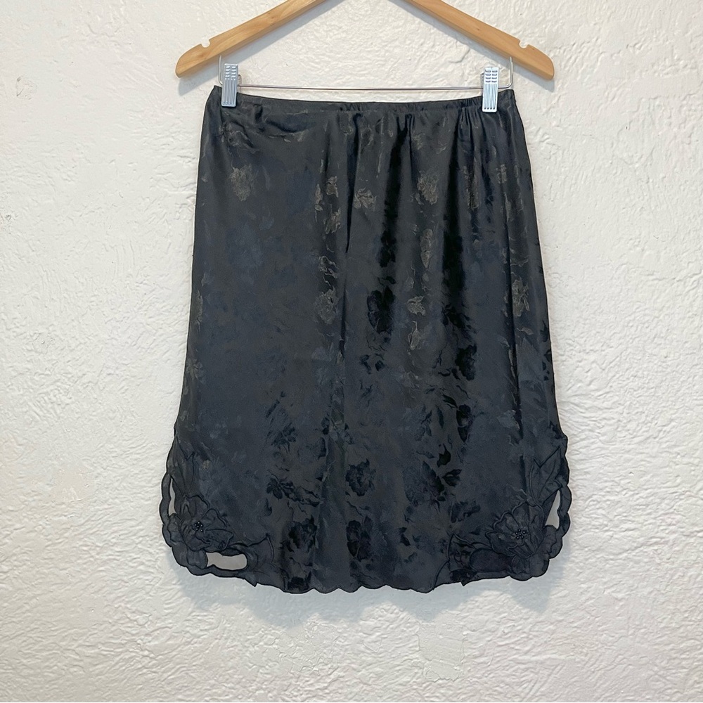 Vintage Half Slip Skirt Black Satin Floral Embroidered Beaded Goth Whimsigoth S